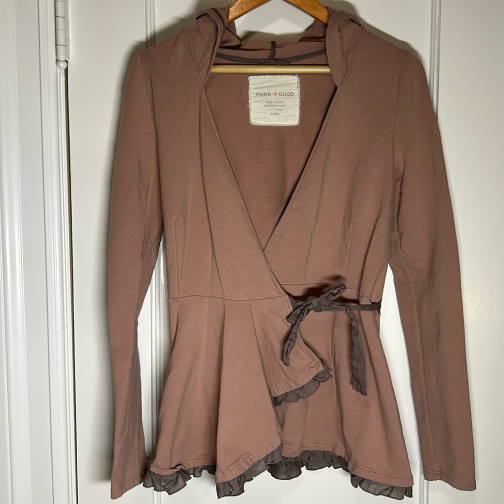 Anthropologie Pure & Good Vintage tie front ruffle trim hooded long sleeve top